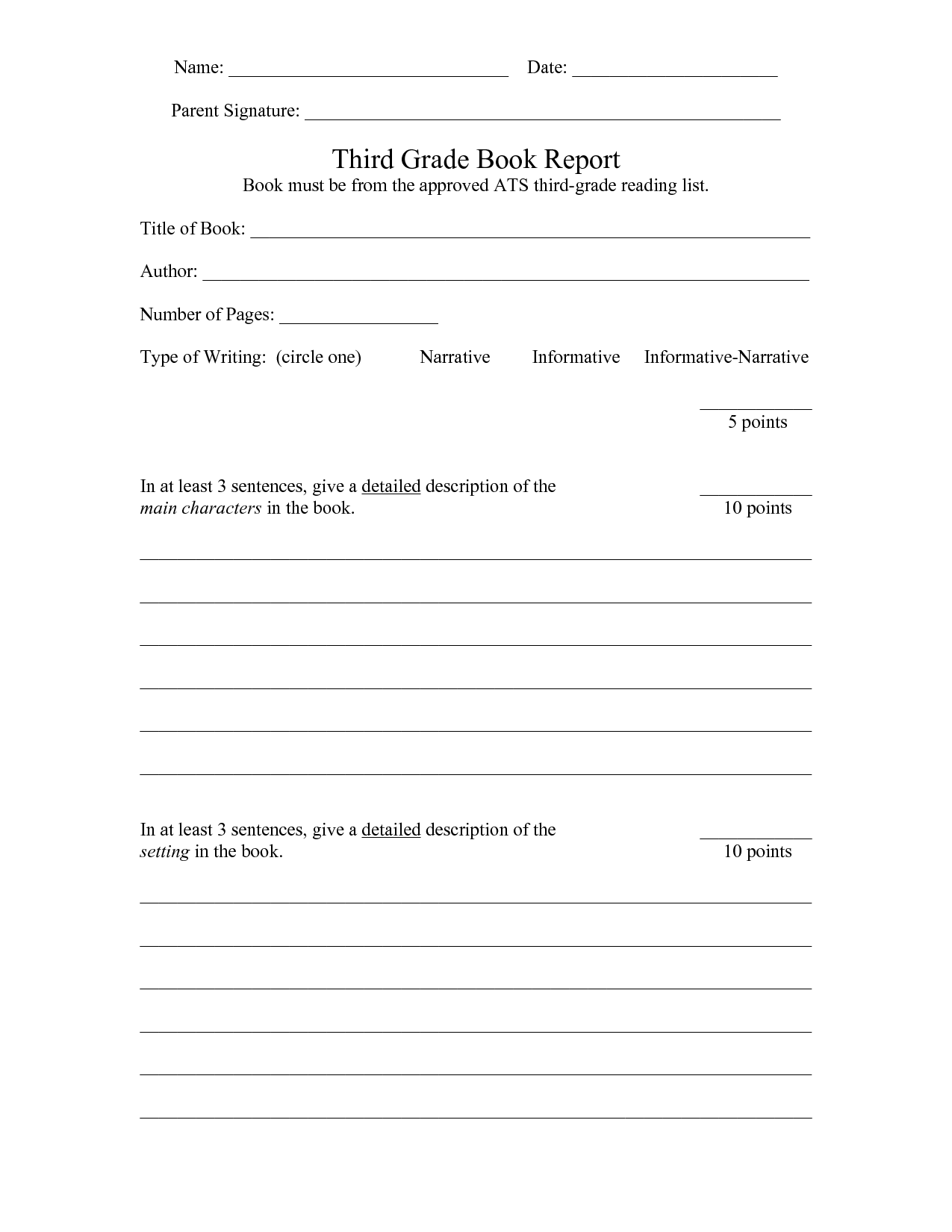 3rd Grade Book Report Format