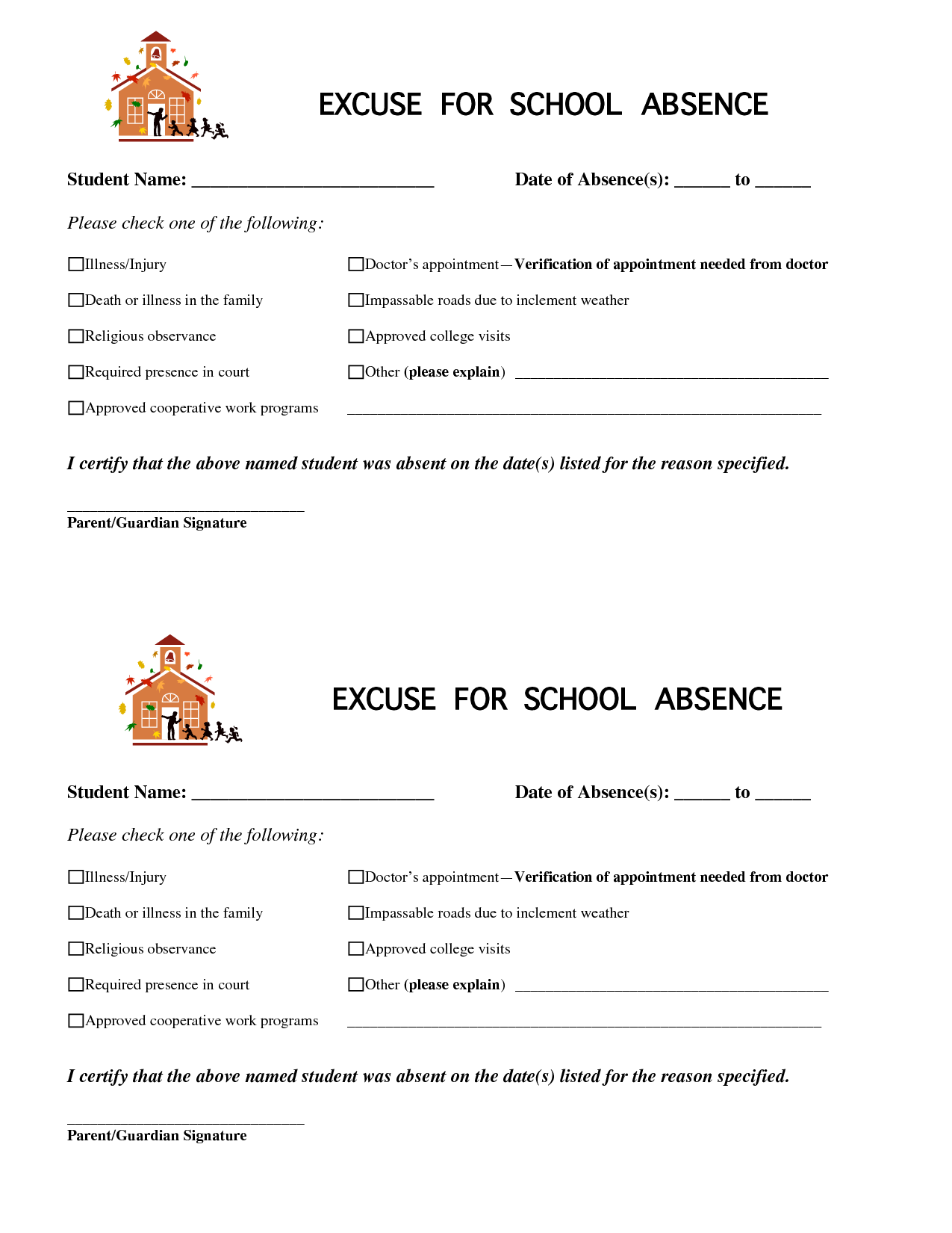 School Absence Note Template Free