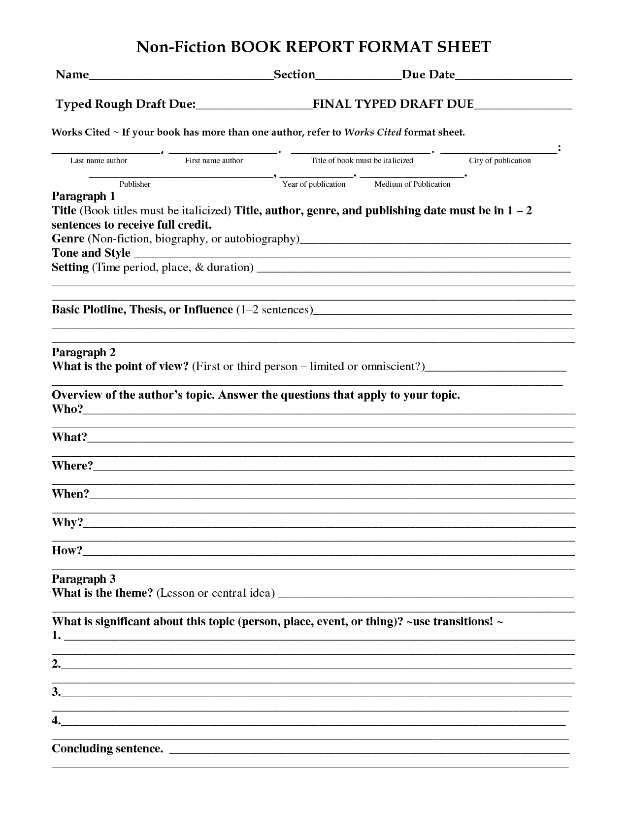 Nonfiction book report form middle school