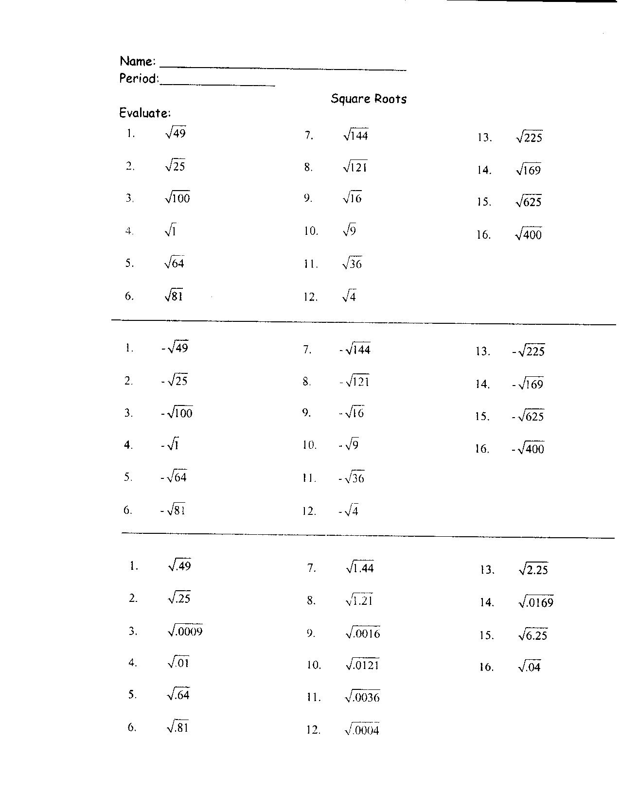 Estimating Square Root Worksheet