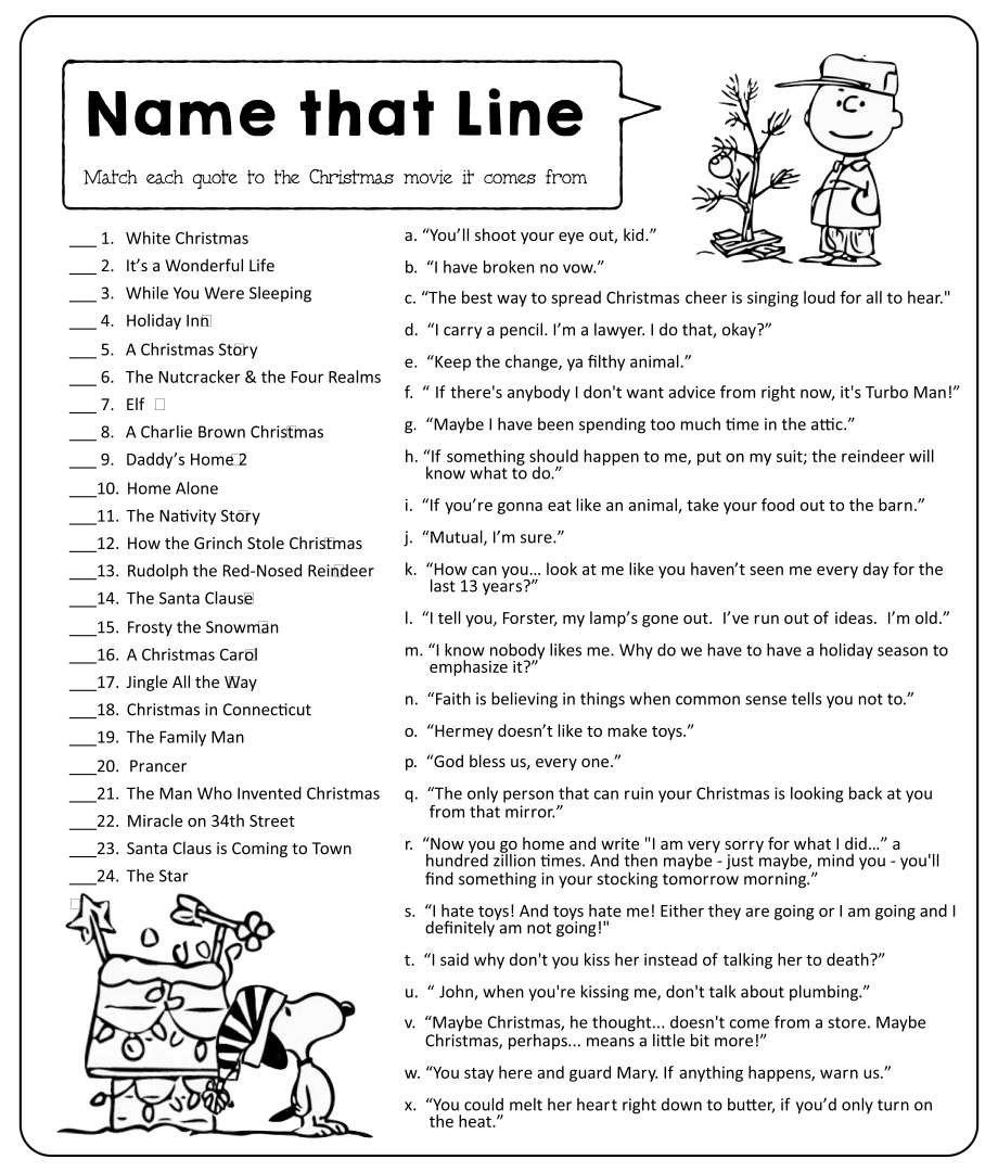 Charlie Brown Christmas Trivia Printable