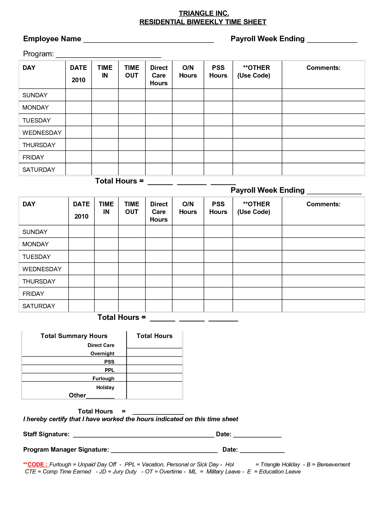 Free Printable Bi Weekly Time Cards