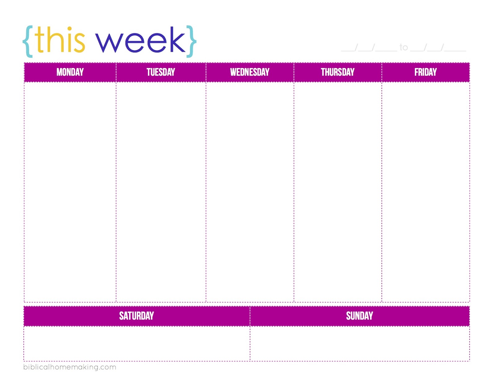 Printable Work Week Calendar