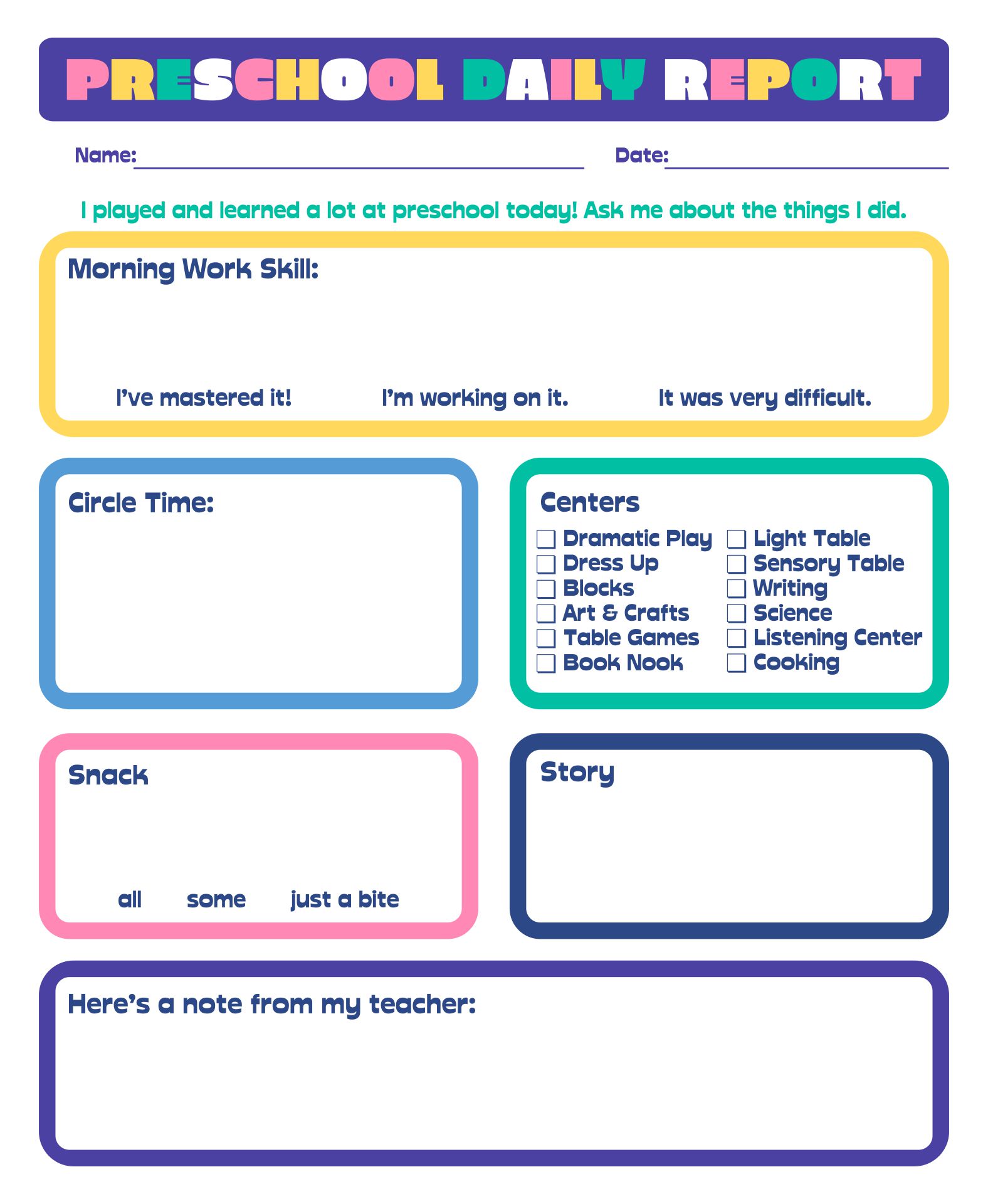 8 Best Images Of Preschool Daily Reports Printable Printable 