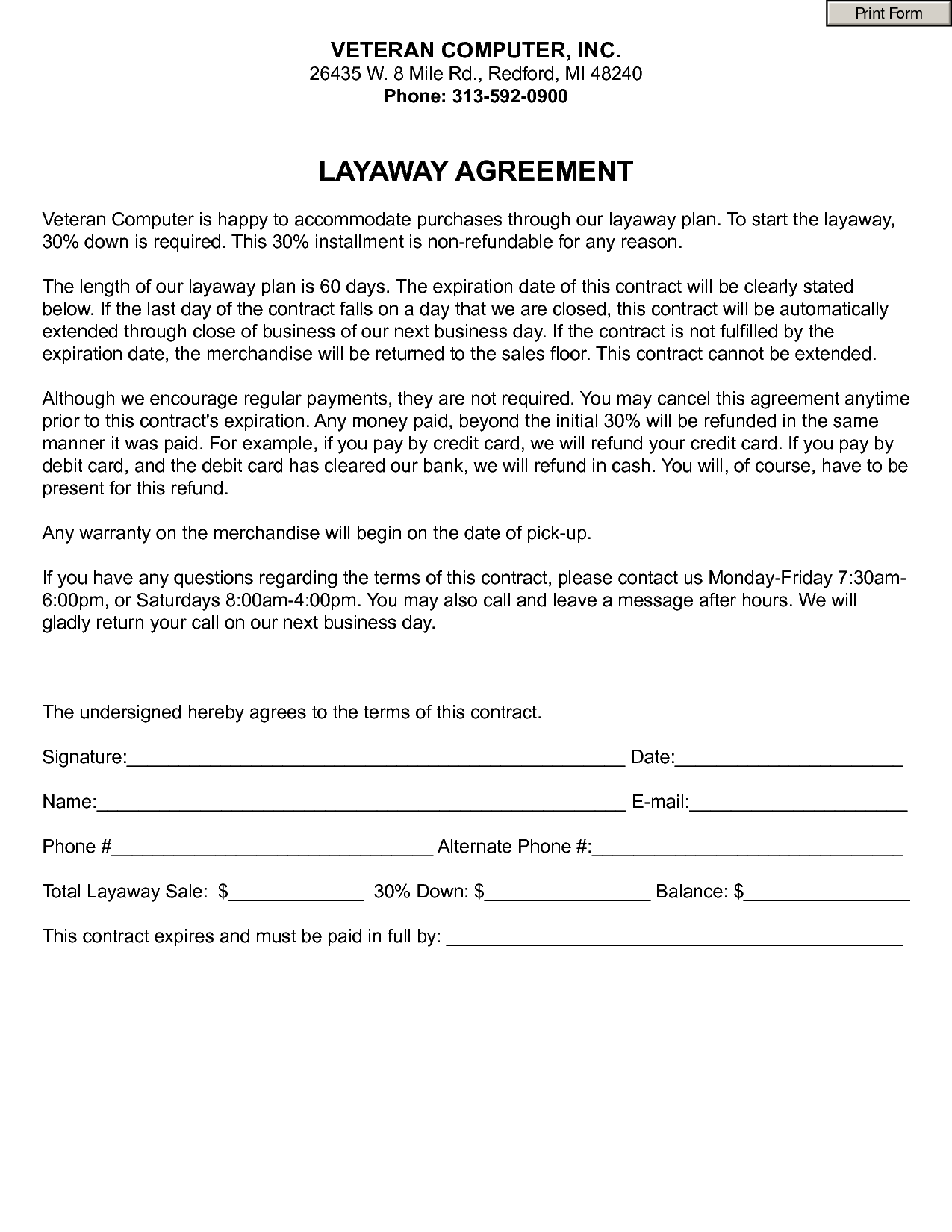 Layaway Contract Template