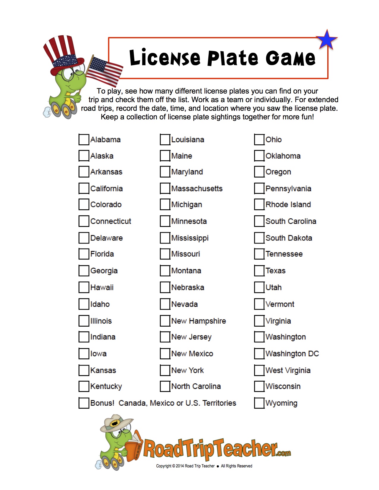 Free License Plate Game Printable