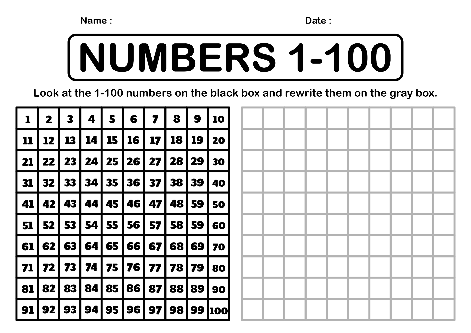 Printable Numbered Paper 1 100