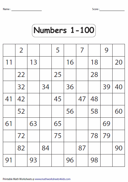 100 Chart Missing Numbers Worksheet