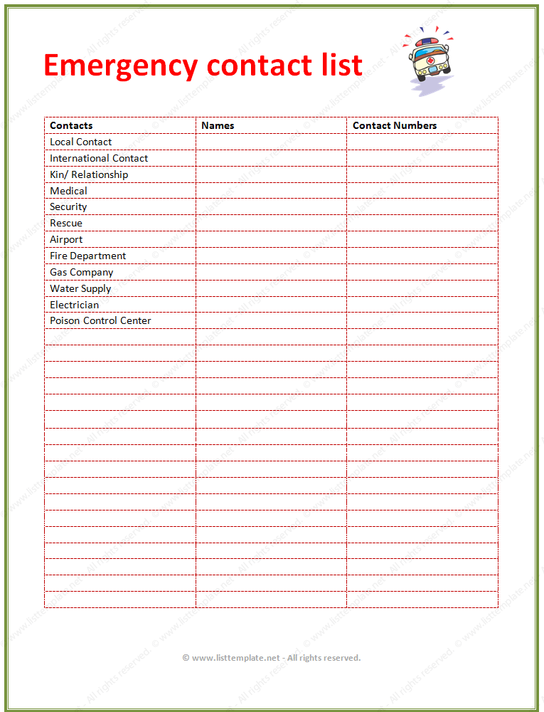 Free Emergency Contact List Template Word