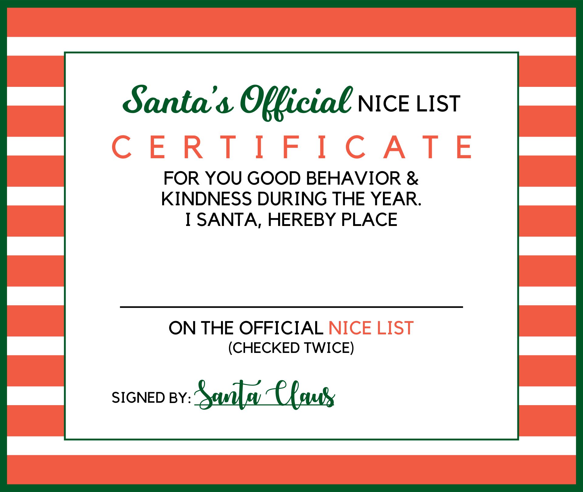 Santa Nice List Certificate Free Printable Word