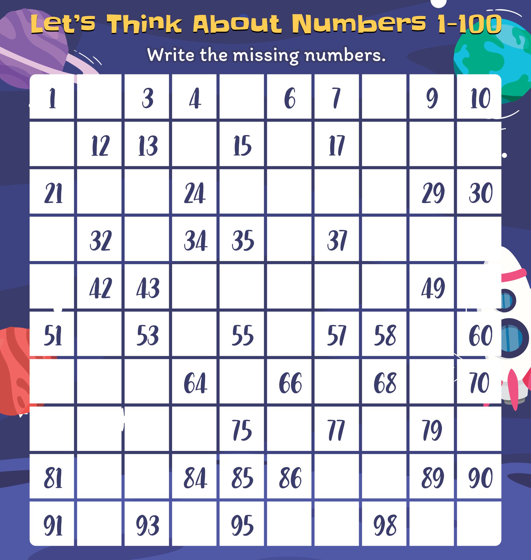 6 Best Images Of Number Sheets 1 To 100 Printable Kindergarten