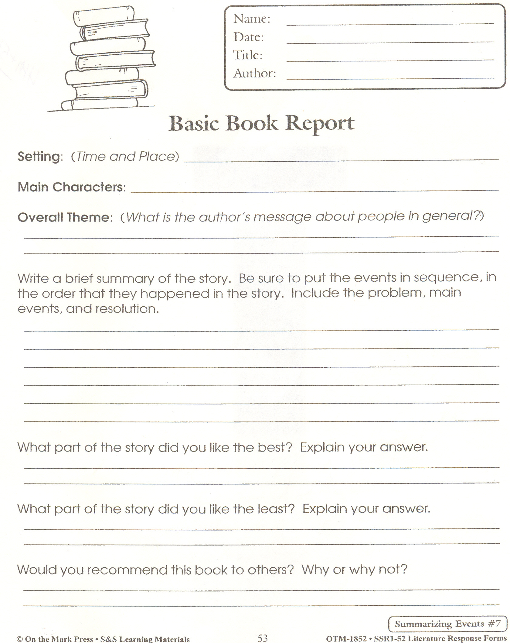 Printable sandwich book report template