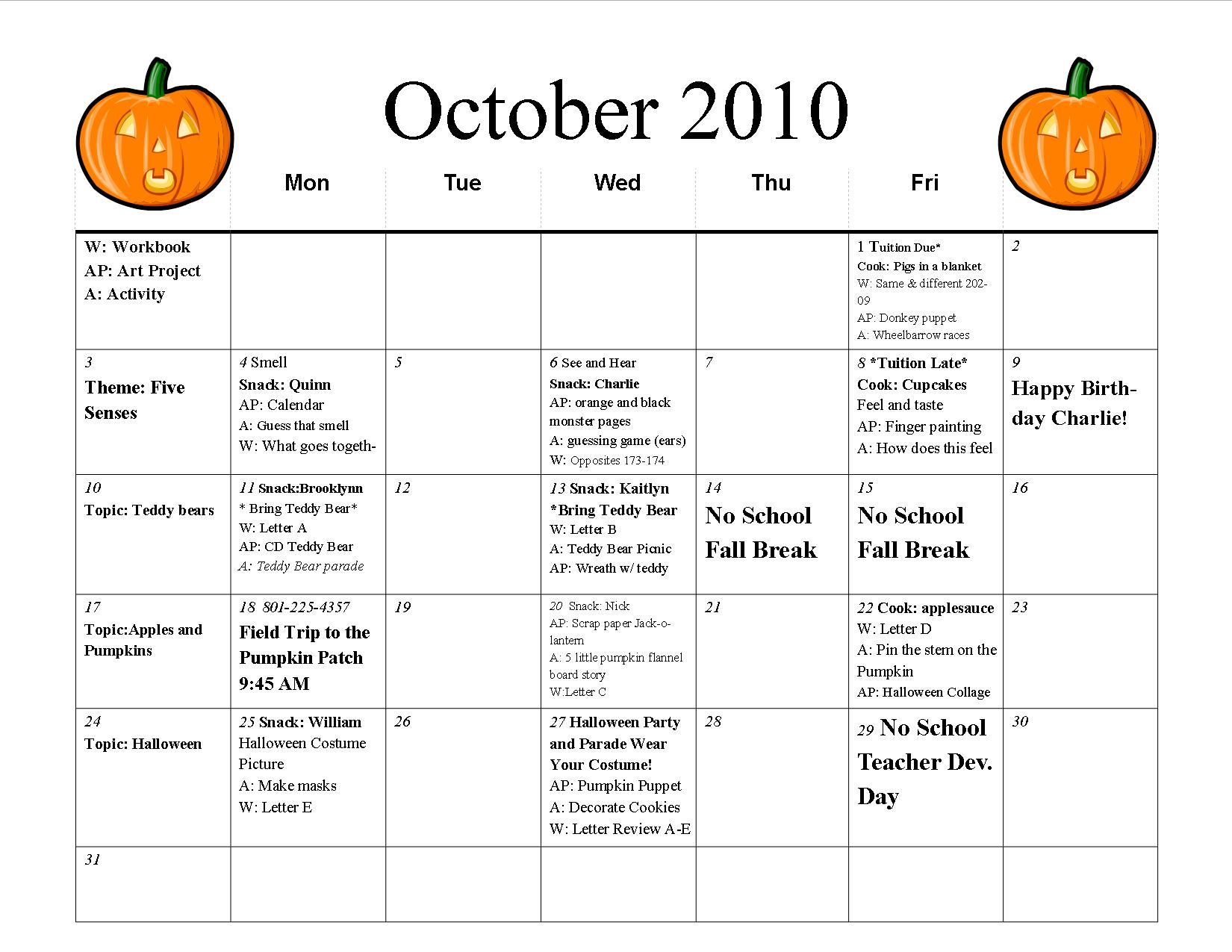 8 Best Images of Free Printable Preschool Calendar Template October