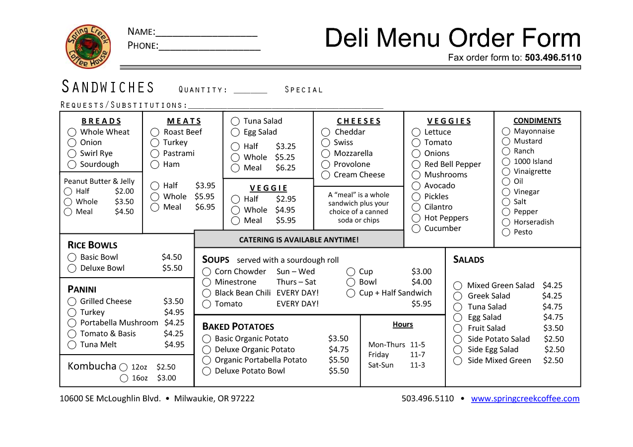Free Printable Subway Order Form
