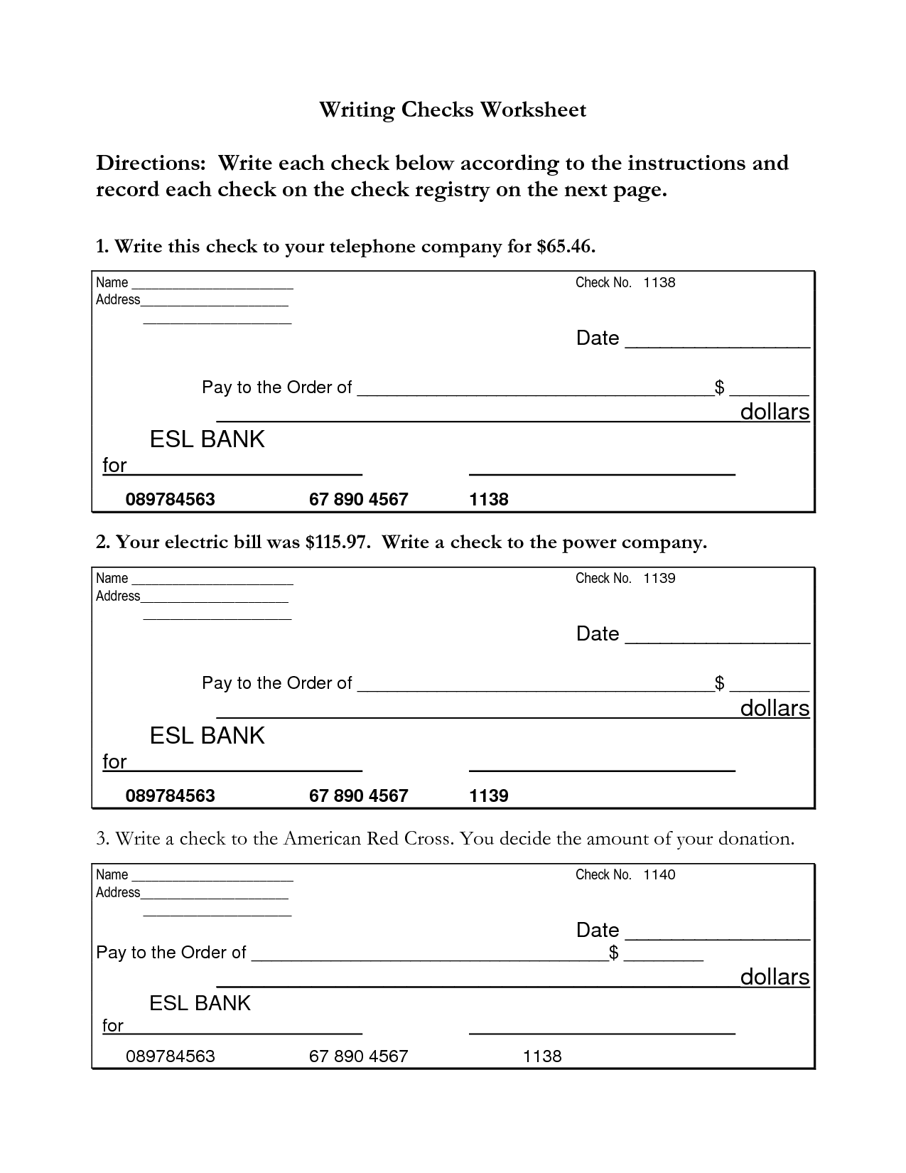 Free Printable Check Writing Worksheets