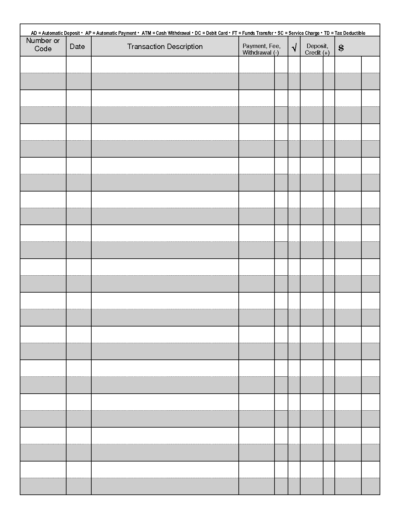 Free Printable Checkbook Transaction Register