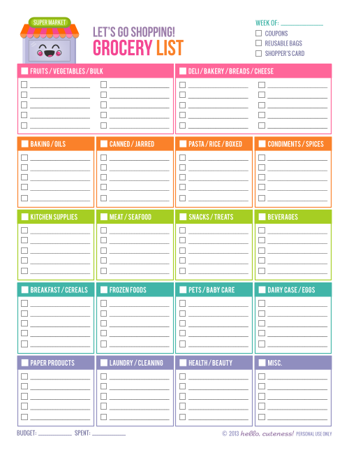 6 Best Images Of Cute Printable Shopping Lists Free Printable Grocery 