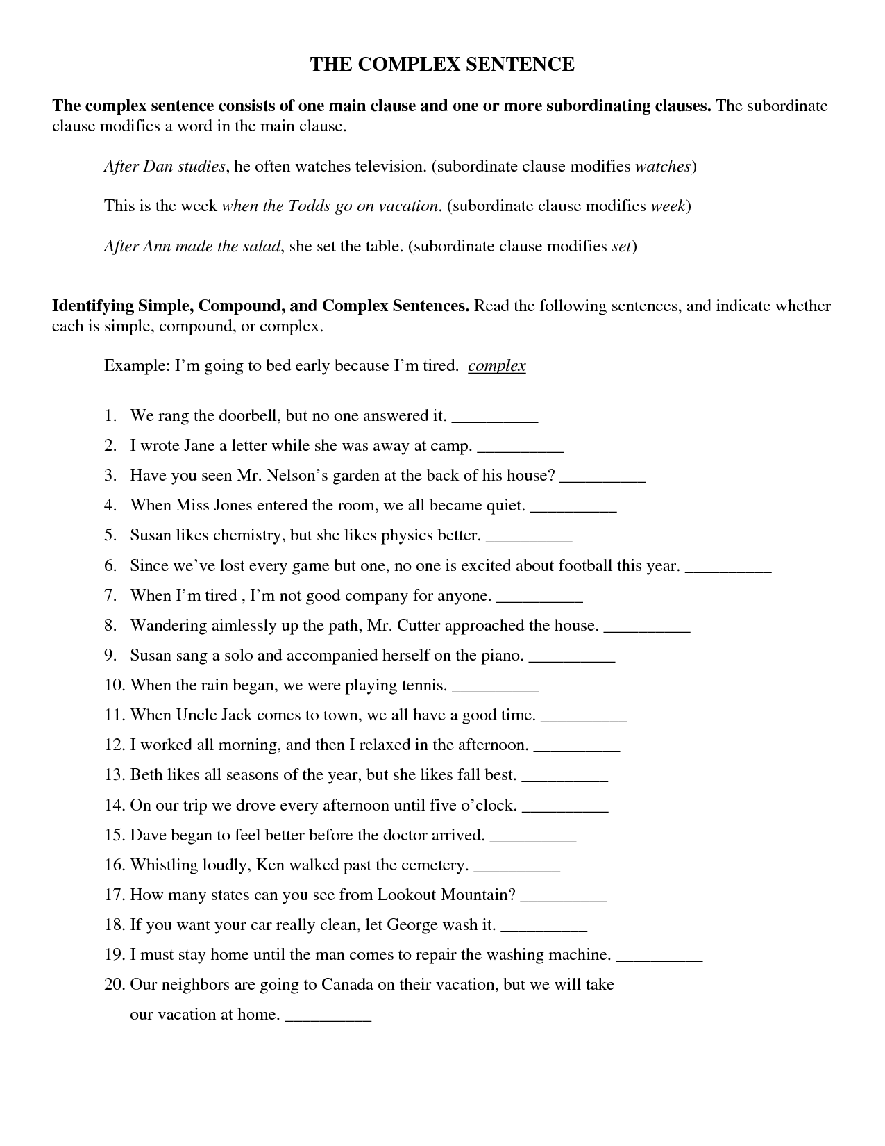 Simple Compound And Complex Sentences Worksheet With Answer Key Pdf