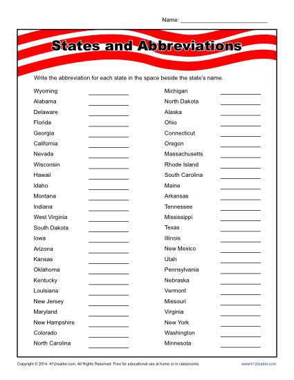 4 Best Images Of State Abbreviations Worksheet Printable State