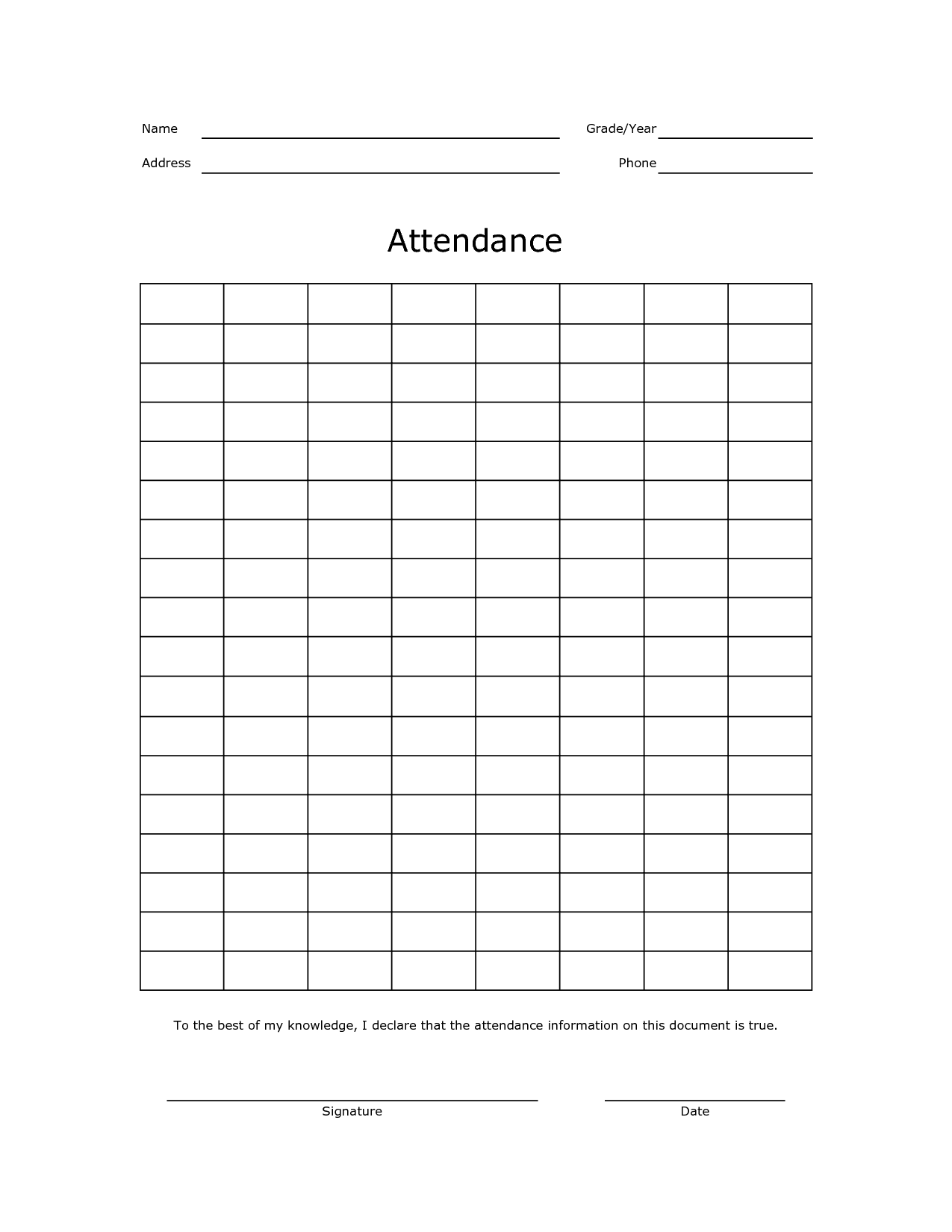 Blank Attendance Sheet Free Printable