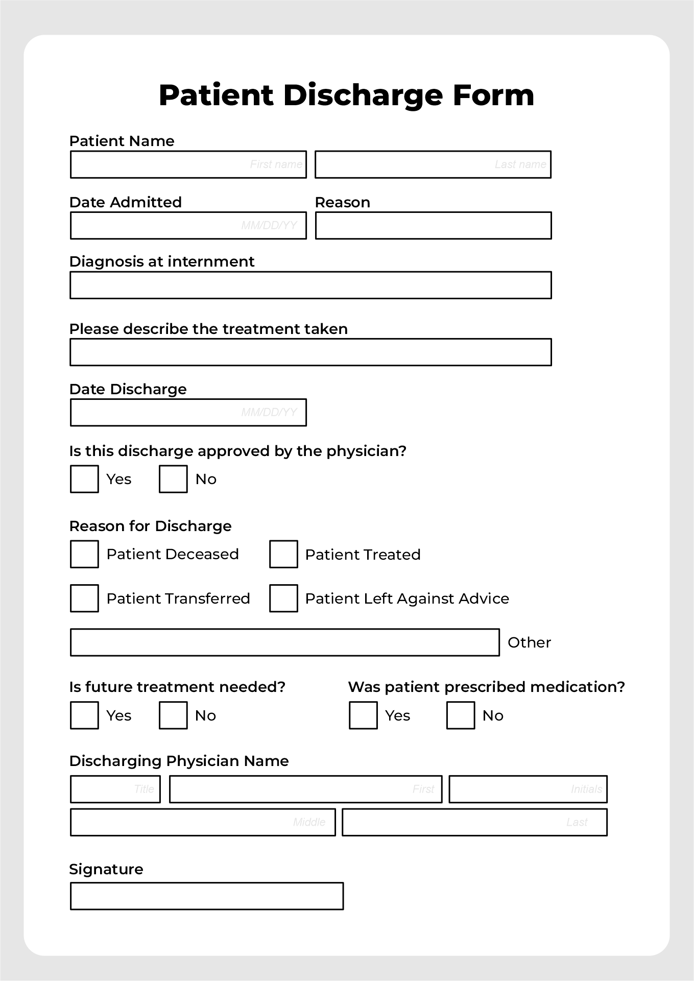 Printable Fillable Hospital Discharge Papers