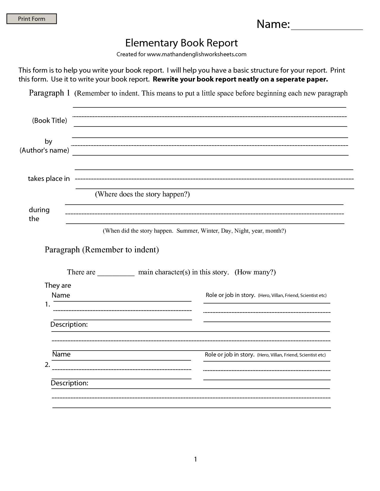 Book Report Template Middle School