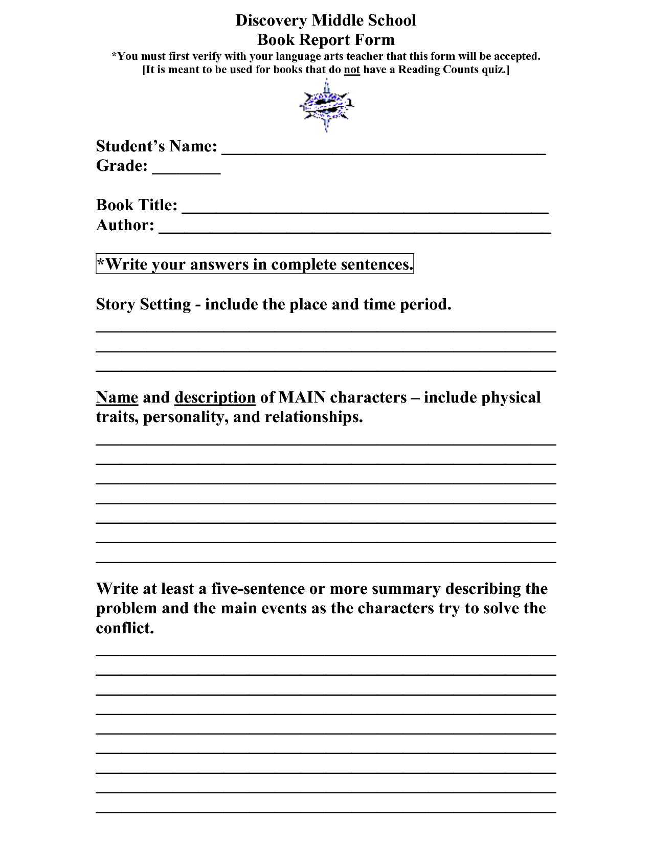 Middle school book report worksheet