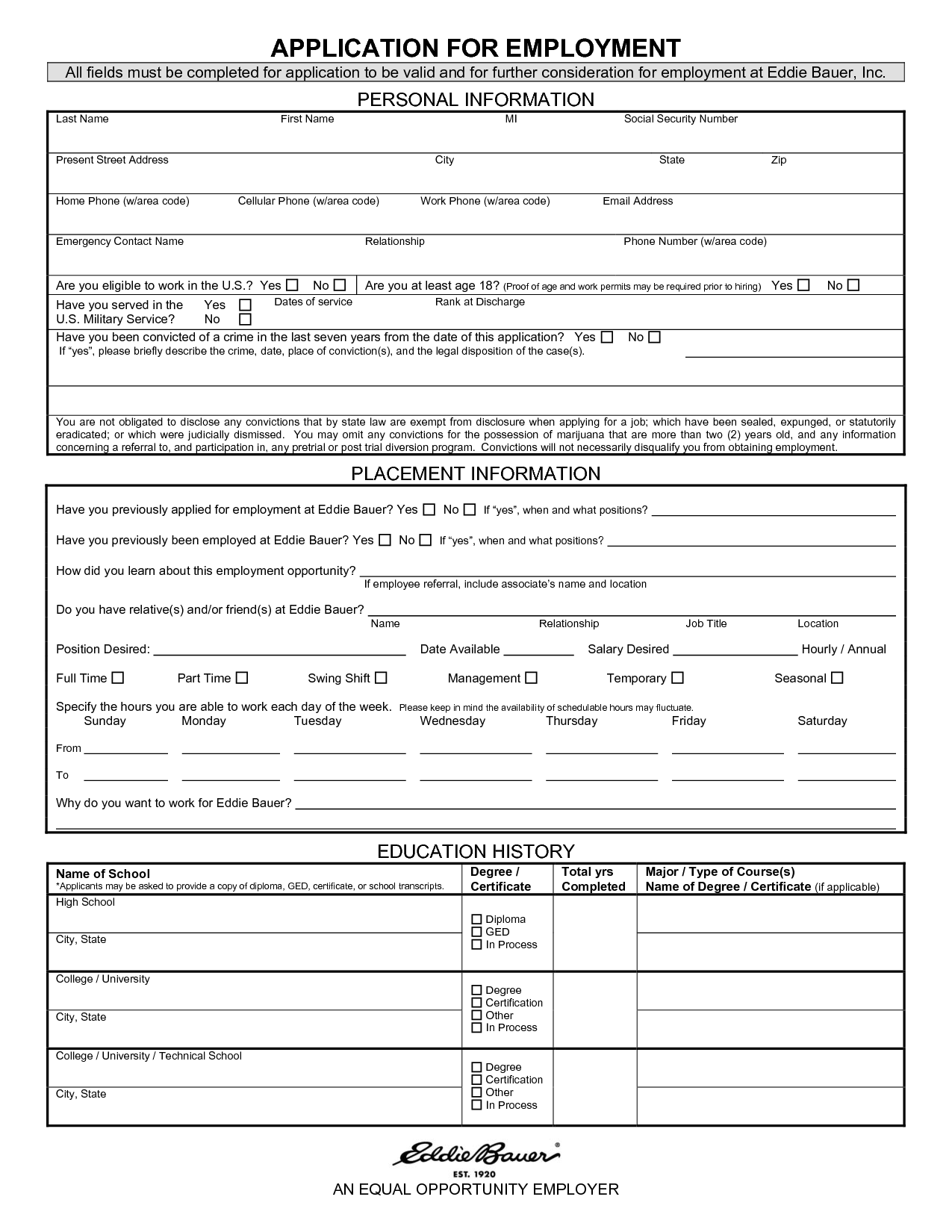 Generic Job Application Printable Form