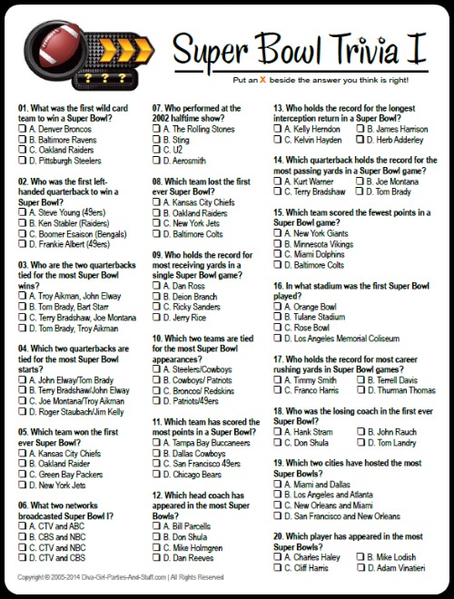 Super Bowl Trivia Questions Printable 166922 