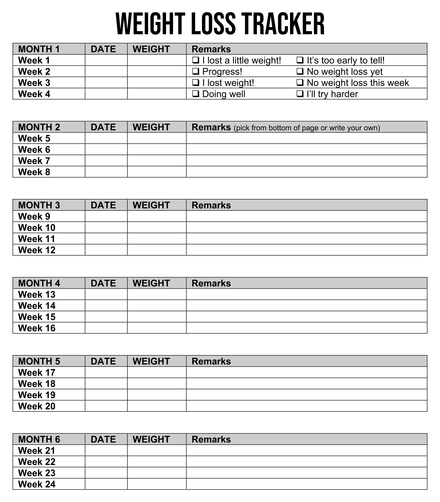 Weight Loss Calendar Tracker Printable Free