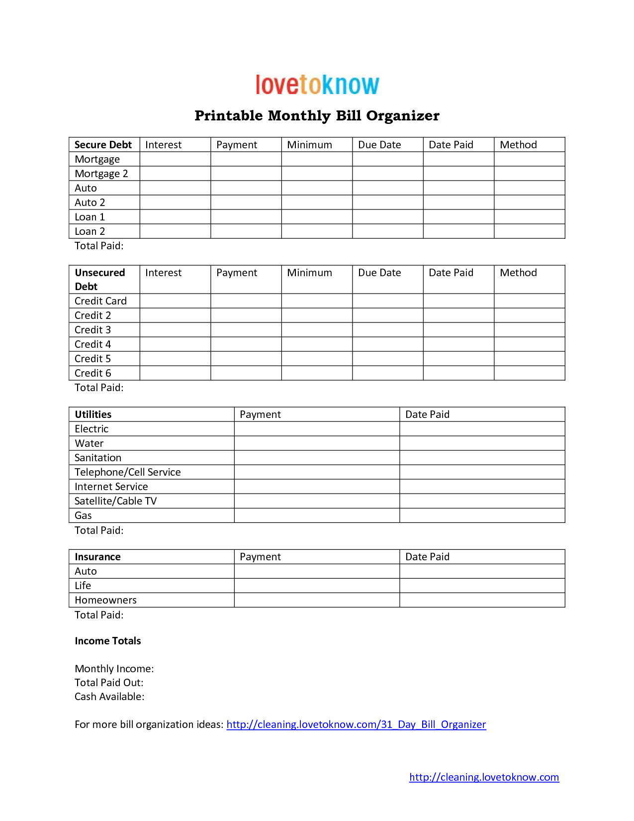 Monthly Bill Organizer Template Word Monthly Bill Organizer Template Word
