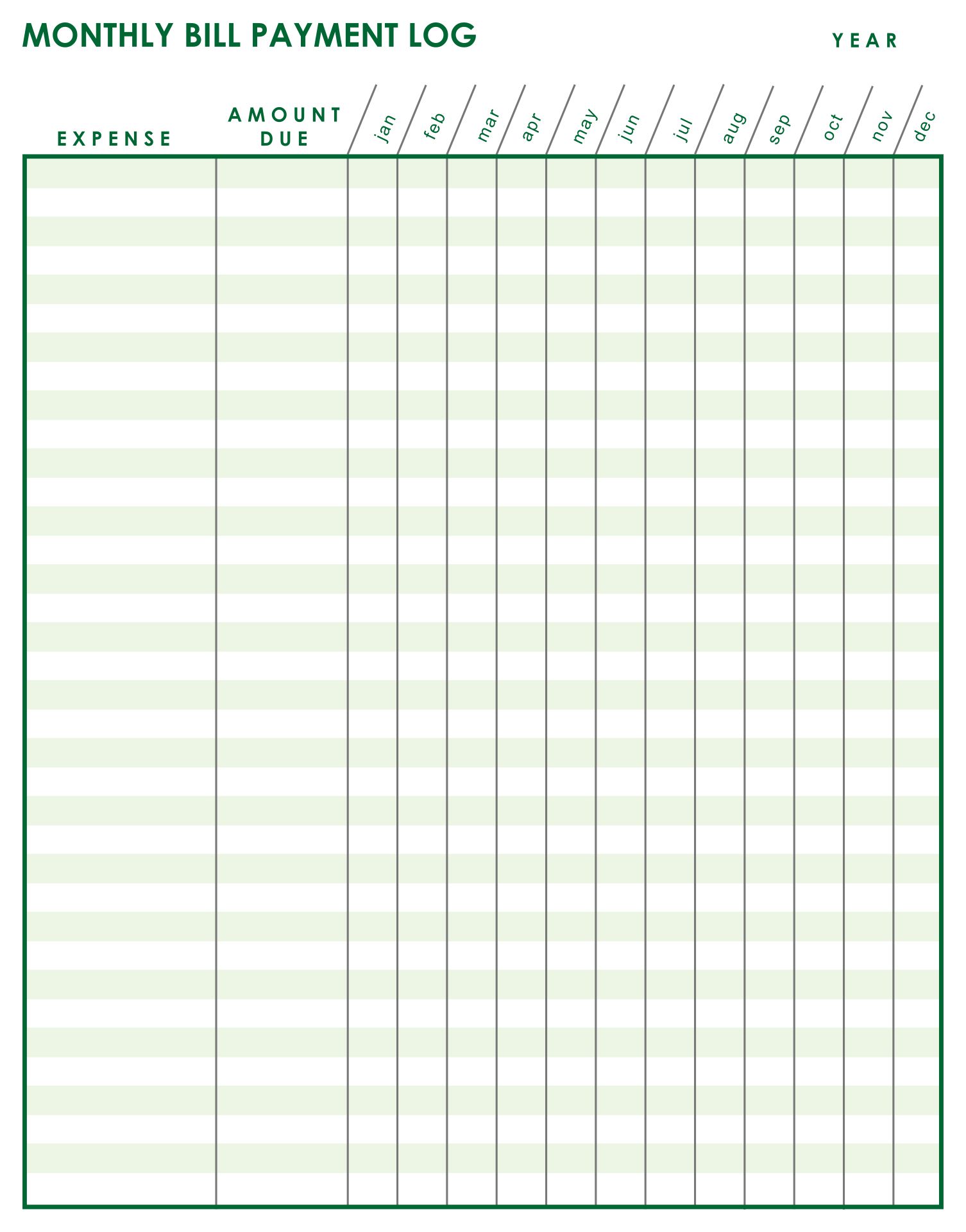 Free Printable Monthly Bill Payment Log