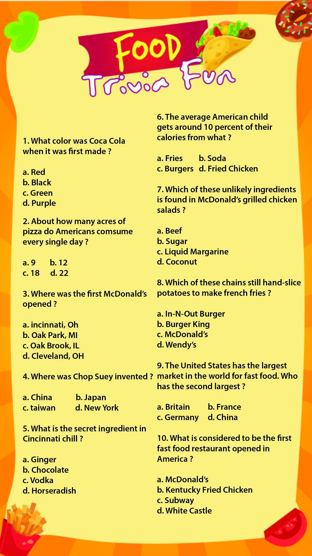 7 Best Images of Printable Food Trivia Questions Food