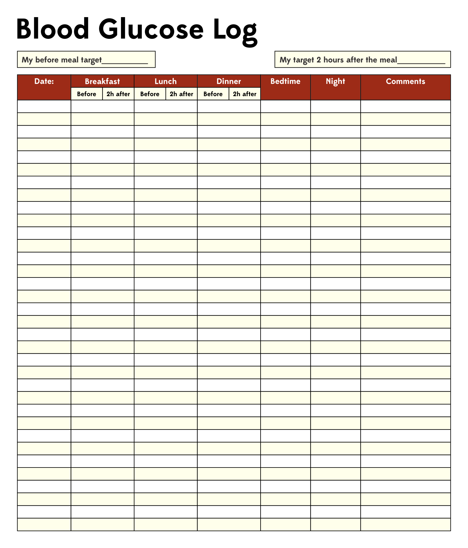 Monthly Diabetic Log Sheets