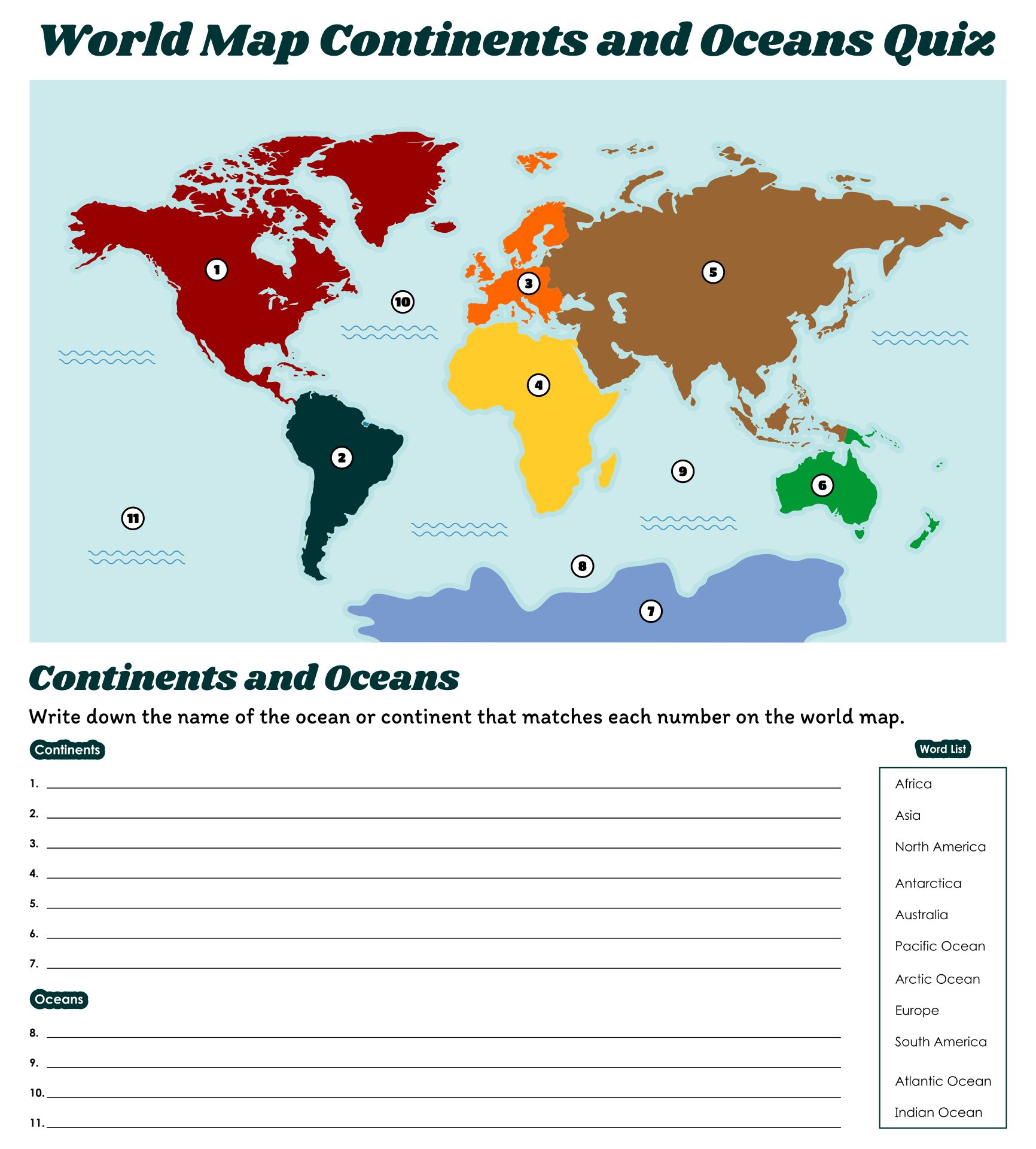 Printable Continents And Oceans Quiz