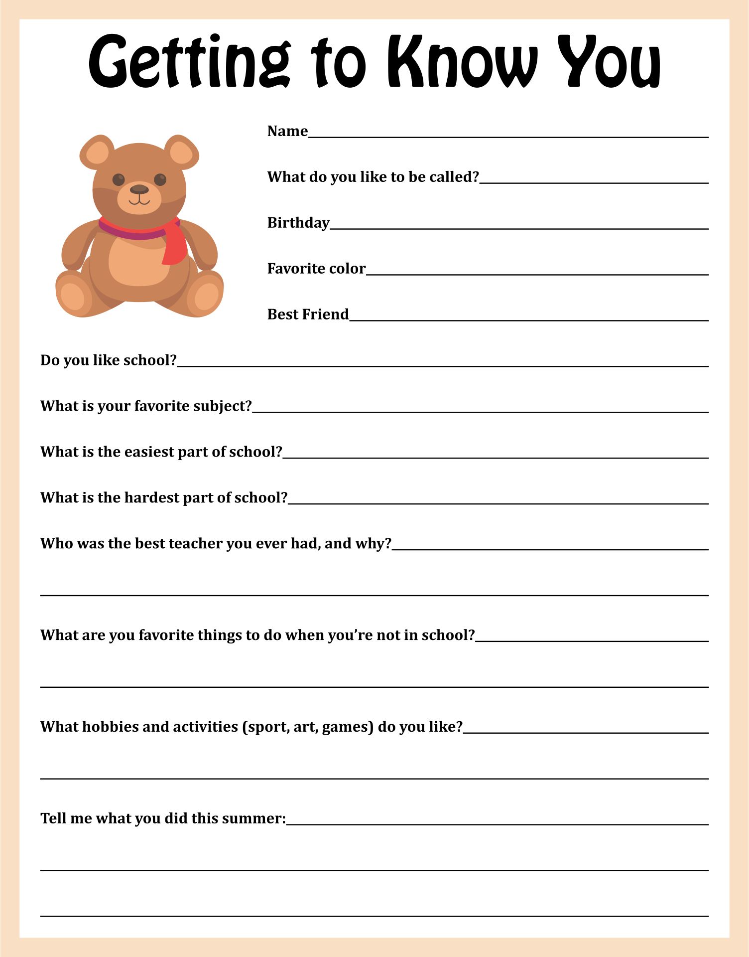 Getting To Know You Worksheet
