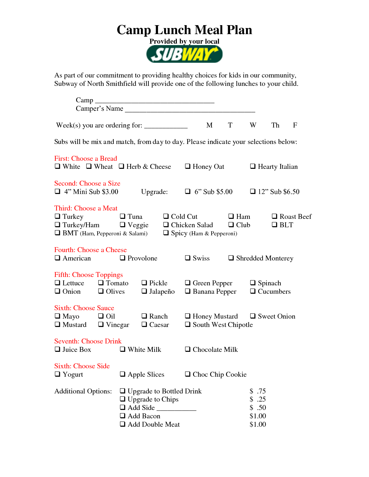 Printable Template Printable Subway Order Form Printable Templates