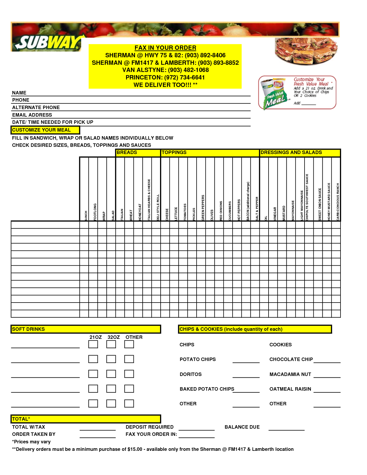 Free Printable Subway Order Form