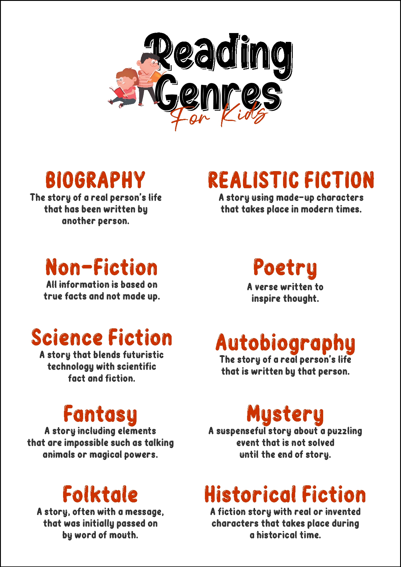 8 Best Images Of Book Genres For Kids Printables Reading Genres For 