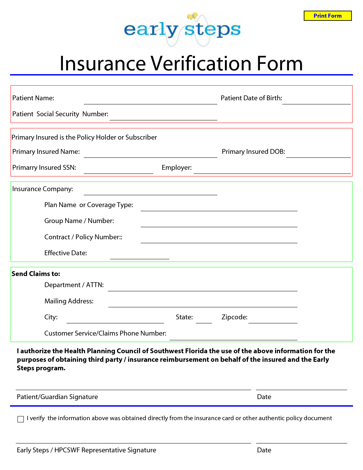 Printable Insurance Verification Sheet Gambaran