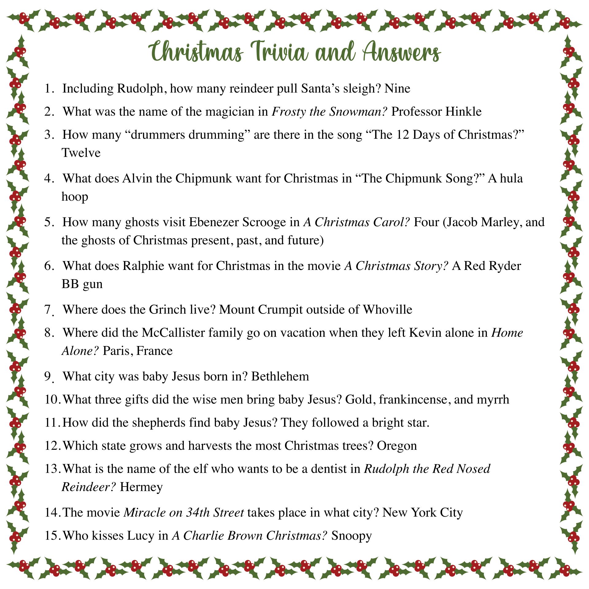 Printable Christmas Trivia Questions