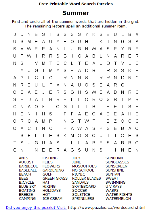 Free Printable Summer Word Search Hard