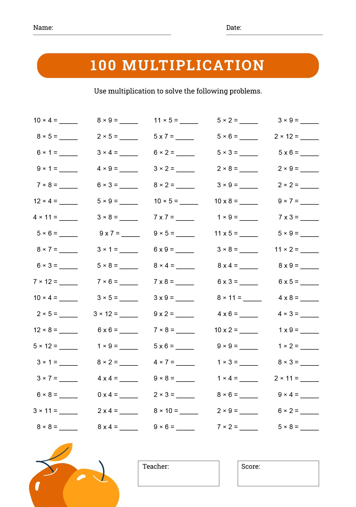 Multiplication Facts Times 6 Worksheet 100 Problems