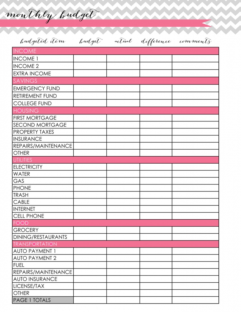 Monthly Budget Worksheet Printable Free