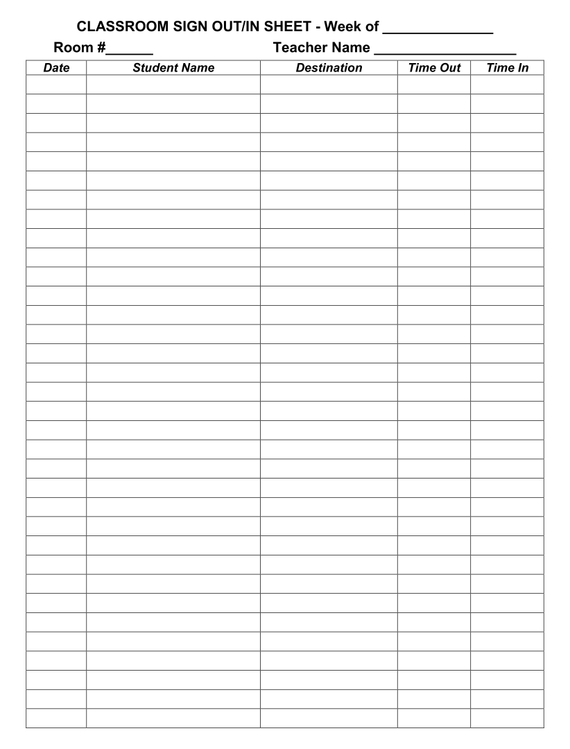 Free Bathroom Sign Out Sheet For Classroom