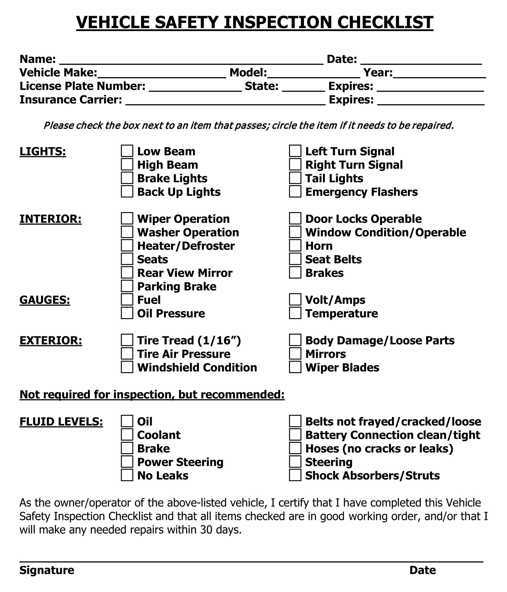 Printable Vehicle Inspection Checklist Template Printable Templates