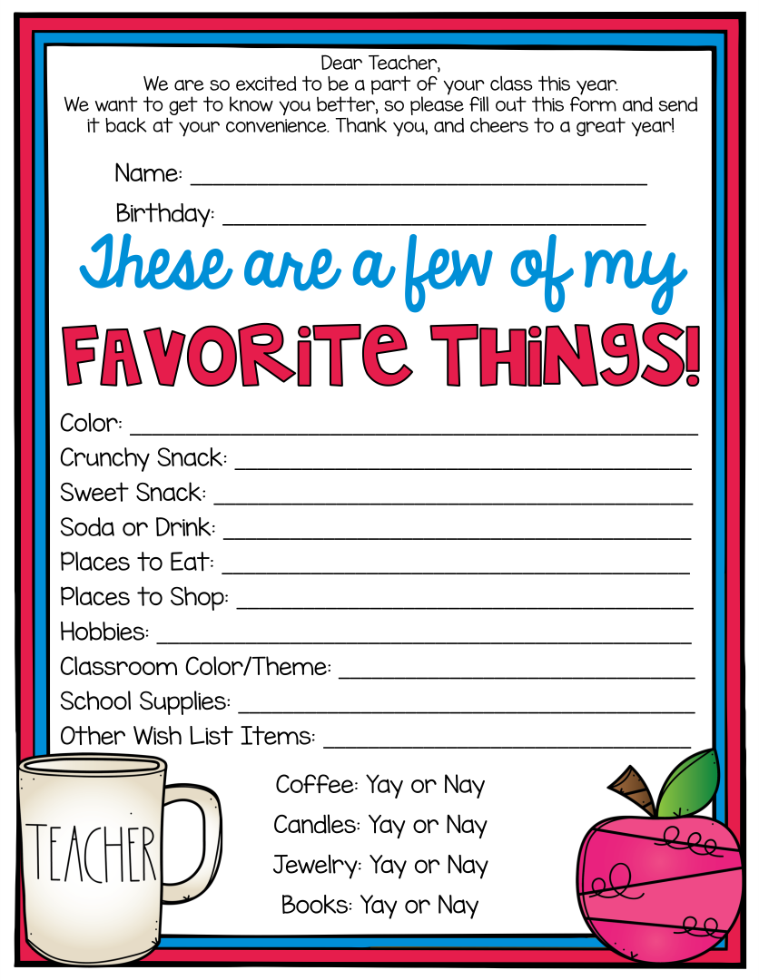 Teacher Favorite Things Template Editable Free