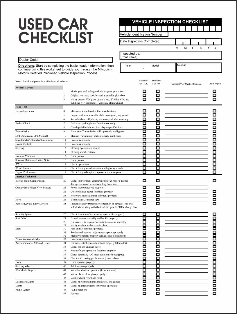 Printable Used Car Inspection Checklist Form Printable Forms Free Online