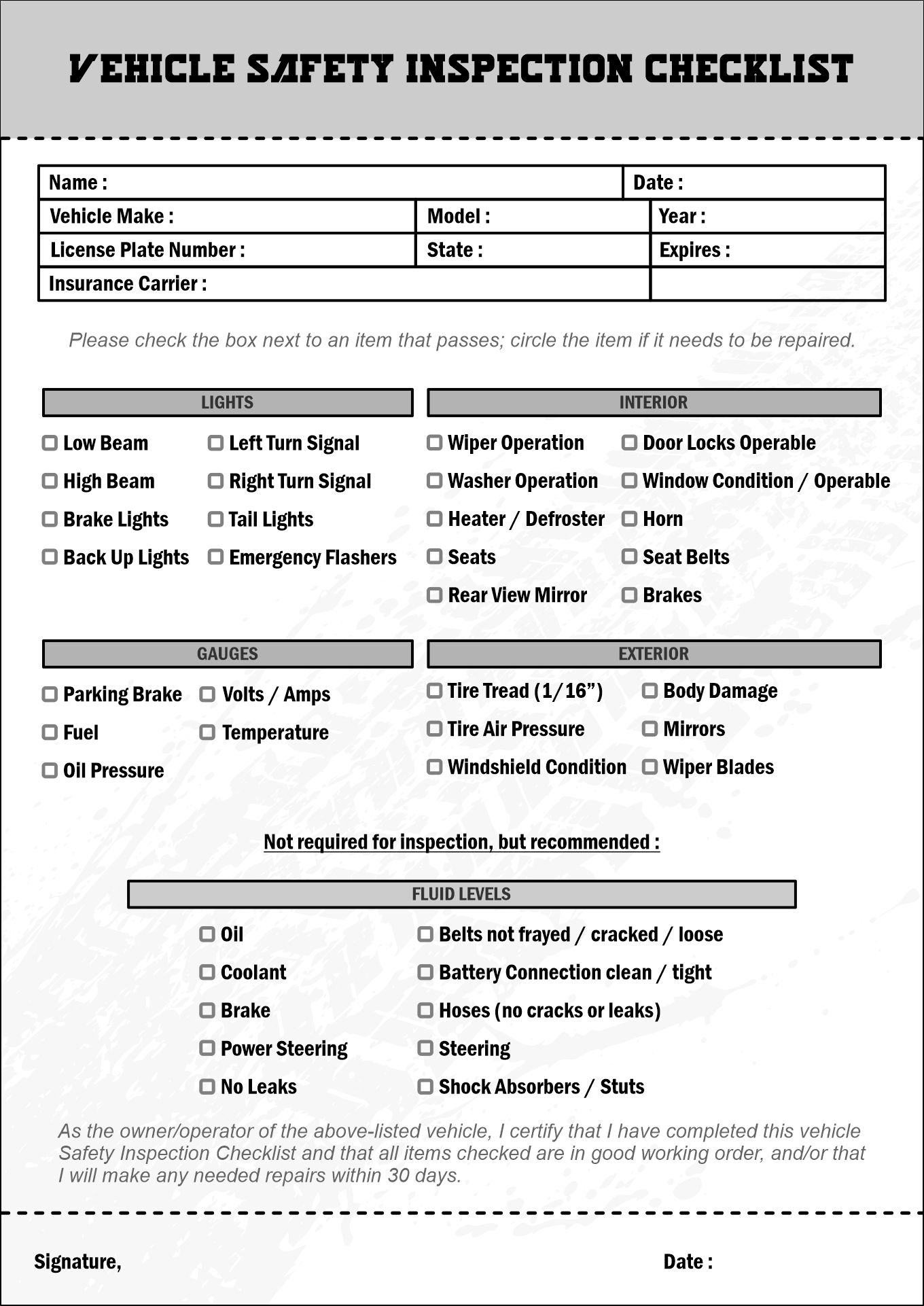 Printable Used Car Inspection Checklist Form Printable Forms Free Online