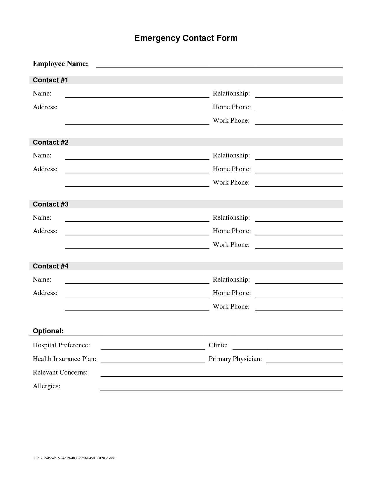 Printable Emergency Employee Contact Form Template